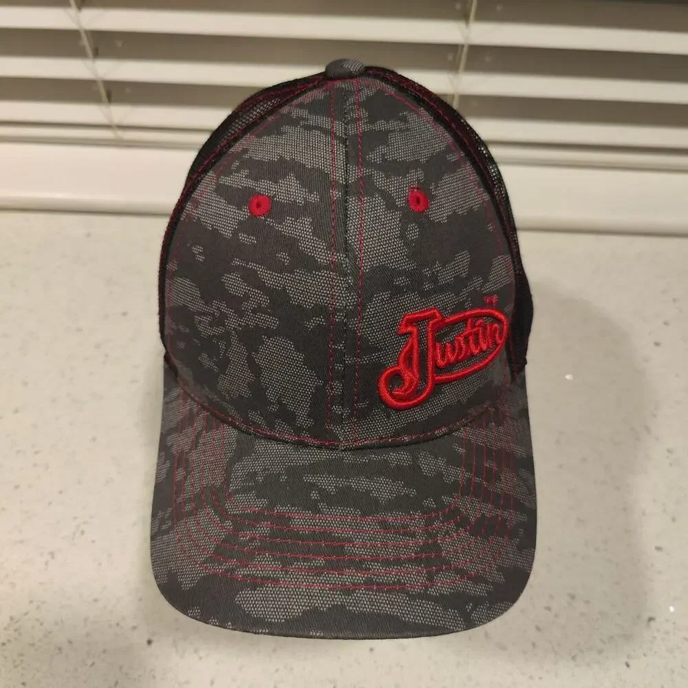 Justin Boots Hat Cap SnapBack Trucker Mesh Hat Gray Black Red Western Cowboy EUC